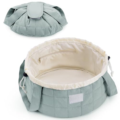 Narwey Lay Flat Open Drawstring Puffer Makeup Bag, Large Quilted Cosmetic Bag for Women Girls, Cute Make up Bags with Handle, Travel Toiletry Bag for Skincare, Brushes & Travel Essentials (Sage Green) - color: B-Quilted Sage Green