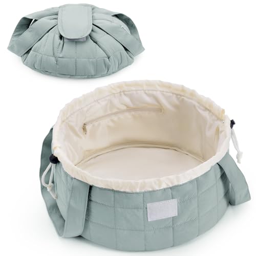 Narwey Lay Flat Open Drawstring Puffer Makeup Bag, Large Quilted Cosmetic Bag for Women Girls, Cute Make up Bags with Handle, Travel Toiletry Bag for Skincare, Brushes & Travel Essentials (Sage Green) - color: B-Quilted Sage Green