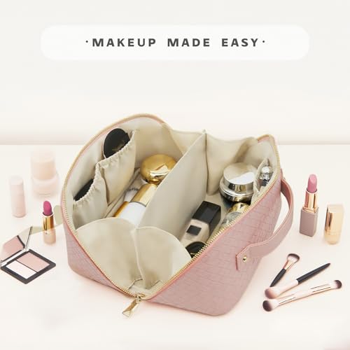 Travel Makeup Bag – Large Cosmetic Organizer with Waterproof PU Leather, Smooth Double Zipper & Tear-Resistant Lining, Toiletry Pouch for Women (Pink) - color: 03-Pink