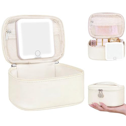 Mini Makeup Bag with Led Mirror, Small Cosmetic Bag with 3 Light Modes Adjustable Brightness, Rechargeable Portable Makeup Pouch with Handle, for Pool Parties丨Work Touch-Ups, Beige
