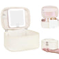 Mini Makeup Bag with Led Mirror, Small Cosmetic Bag with 3 Light Modes Adjustable Brightness, Rechargeable Portable Makeup Pouch with Handle, for Pool Parties丨Work Touch-Ups, Beige