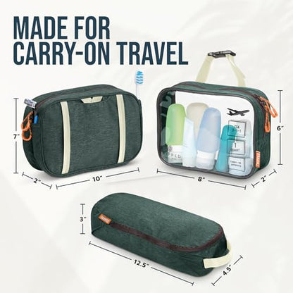 Toiletry Bag Kit 3 Piece Set: Hanging Travel Toiletry Bag + 311 TSA Cosmetic Liquid Bag + Accessory Organizer Pouch - color: Green
