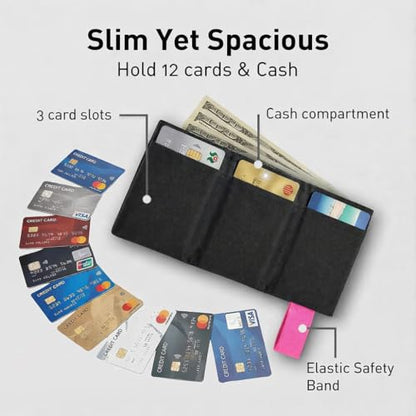 LIGHT FOLD Ultra Slim Tri-Fold Wallet with RFID Blocking, Lightweight Minimalist Men’s Wallet with Elastic Band, Waterproof Durable Nylon Fabric, Slim Front Pocket Card Holder Fits 12 Cards & Cash - color: Pink
