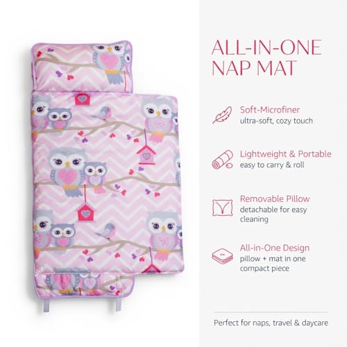 EVERYDAY KIDS Nap Mat with Removable Pillow - Carry Handle with Straps Closure, Rollup Design, Soft Microfiber for Preschool, Daycare, Travel Sleeping Bag - Sweet Owls - color: Sweet Owls