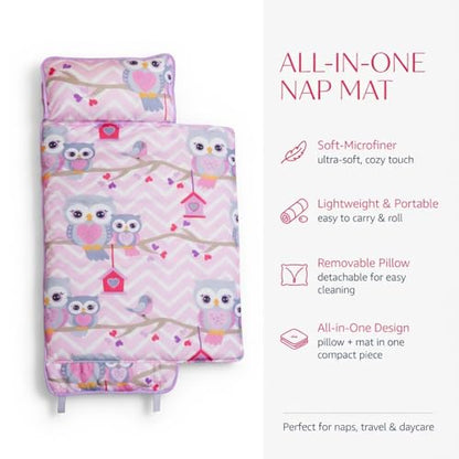EVERYDAY KIDS Nap Mat with Removable Pillow - Carry Handle with Straps Closure, Rollup Design, Soft Microfiber for Preschool, Daycare, Travel Sleeping Bag - Sweet Owls - color: Sweet Owls