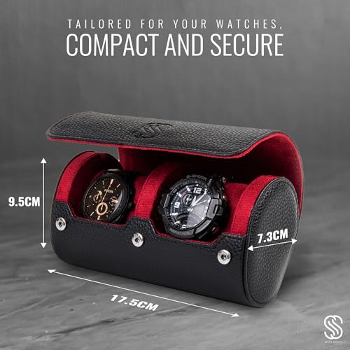 2 Watch Travel Case for Men – Leather Roll Organizer & Storage Box, Fits Watches up to 55mm | Removable Cushions | Gift Ready (Black/Wine) - color: Ink Black / Wine