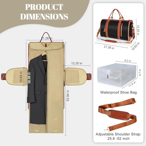 Geestock Garment Duffle Bags for Travel, Convertible Carry On Garment Bag with Shoe Pouch & Shoulder Strap, 2 in 1 Foldable PU Leather Suit Travel Bag for Women & Men, Black - color: Black and Brown