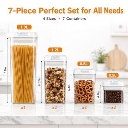 7-Piece Airtight Food Storage Containers with Lids, Clear Stackable Pantry Organization Set for Flour, Sugar, Cereal, Snacks and Kitchen Storage