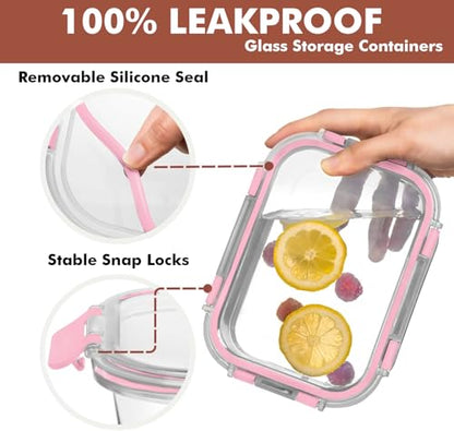 Razab 30 PC Glass Food Storage Containers with Lids - Reusable Glass Meal Prep Containers for Lunch and Leftovers - Airtight & Leakproof Snap Locking Lids - Oven, Freezer, Microwave, Dishwasher Safe - color: Pink