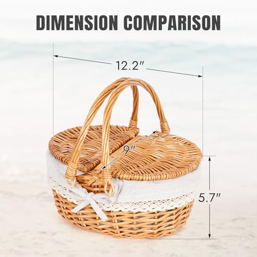 Happypicnic 12" Picnic Basket - Small Wicker Basket with Foldable Handle Lid & Removable Liner | Cute Picnic Basket Toy Empty for Kids, Gift, Halloween, Christmas, Valentines, Easter, Birthday, Solid - color: Solid, size: Small