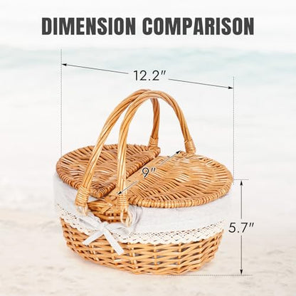 Happypicnic 12" Picnic Basket - Small Wicker Basket with Foldable Handle Lid & Removable Liner | Cute Picnic Basket Toy Empty for Kids, Gift, Halloween, Christmas, Valentines, Easter, Birthday, Solid - color: Solid, size: Small
