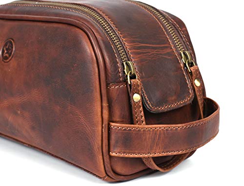 10" Premium Leather Toiletry Travel Pouch With Waterproof Lining Black Color | King-Size Handcrafted Vintage Shaving Kit By Aaron Leather Goods - color: Umber