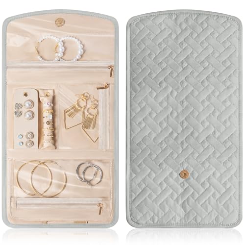 Travel Jewelry Holder Organizer Case, Foldable Jewelry Roll Storage Bag for Necklaces Rings Earrings Bracelets, Large, Grey