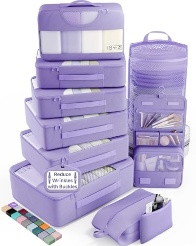 Veken 10 Set Packing Cubes for Travel Essentials,Anti-Wrinkle Buckled Suitcase Organizer for Shoe & Toiletry Bag,Carry On Luggage Bag for Airplane & College Dorm Room Accessories,Women Men Gifts - color: 06 Attractive Purple