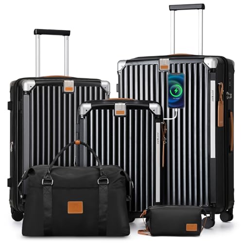 Joyway 5 Piece Luggage Set with Cup Holder, Expandable 25% Capacity, Includes Handbag, Anti Slip Wheels, Hook, Smart Carry On Suitcase for Men and Women, Spinner Travel Black - color: Black, size: 5 piece set (20/24/28inch-Handbag)