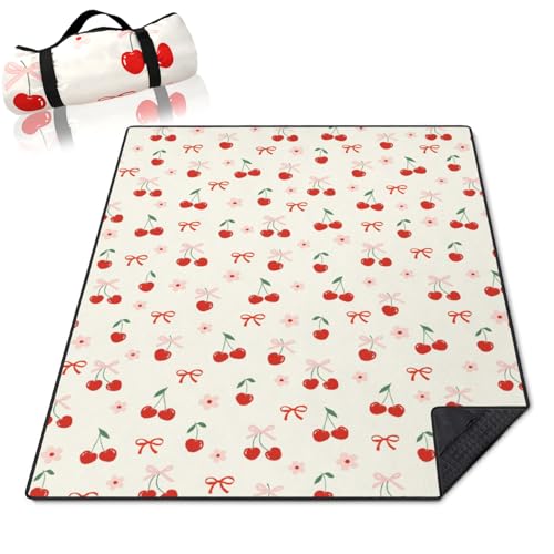 Cherry Picnic Blankets Waterproof Foldable,60’‘x80'' Portable Dual Layers Outdoor Travel Camping Backpacking Hiking Beach Blanket Mat for Grass Padded Lawn Park Beach,Cherry Picnic Accessories - color: Cherry