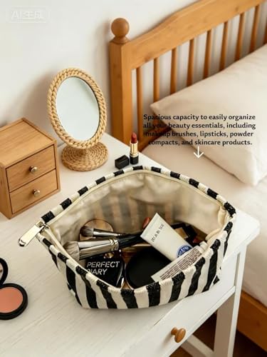 Large Black White Stripe Makeup Bag - Canvas Lined Cosmetic Toiletry Travel Pouch | Purse Organizer for Women & Girls - color: striped black