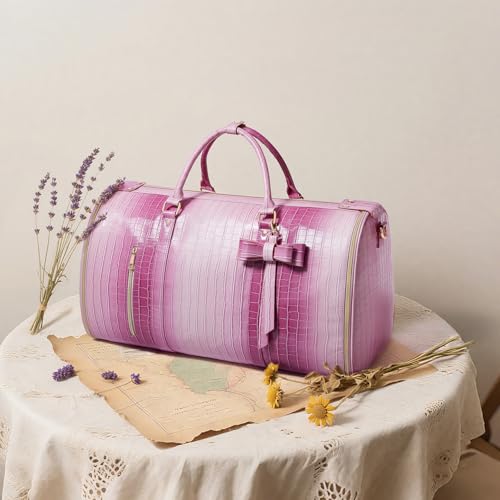 Convertible Garment Duffle Bag for Women, Foldable 2-in-1 Carry On Travel Bag with Shoe Compartment & Toiletry Pocket, PU Leather Stylish Garment Bags for Business Trip, Vacation, Pink-White - color: Rose-Pink