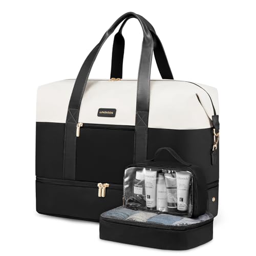 LOVEVOOK Weekender Bag for Women, Large Duffle Bag for Travel with 2 Packing Cubes, Carry on Overnight Bag with Shoe Compartment, Mom Hospital Bags for Labor and Delivery - color: Black-Off white, size: 56L-3Pcs