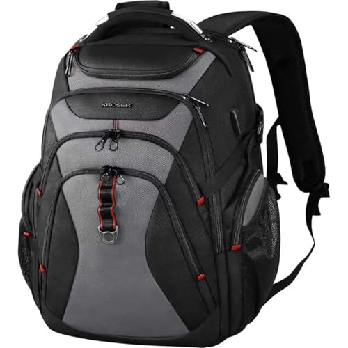 KROSER Travel Laptop Backpack 17.3 Inch XL Computer Backpack with Hard Shell Saferoom RFID Pockets Water-Repellent Business College Daypack Stylish Bag for Men/Women-Black Grey - color: Black/Grey-17.3, size: 17.3 inch