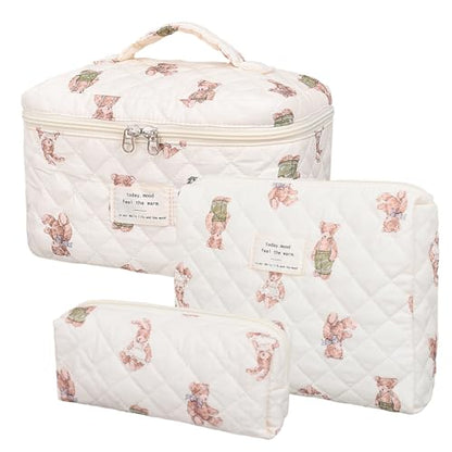 honitty Makeup Bag,Quilted Cosmetic Bag,Large Floral Make Up Bag for Women,Cotton Makeup Bag Set,Flower Travel Toiletry Bag - color: Bear