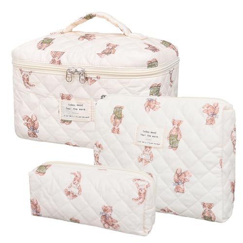 honitty Makeup Bag,Quilted Cosmetic Bag,Large Floral Make Up Bag for Women,Cotton Makeup Bag Set,Flower Travel Toiletry Bag - color: Bear