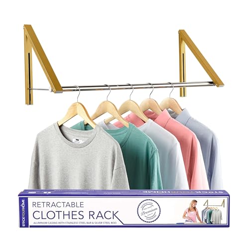 Double Foldable Clothing Rack w/ Extension Rod, Wall-Mounted Retractable Clothes Hanger for Laundry Dryer Room, Hanging Drying Rod, Small Collapsible Folding Garment Racks, Dorm Accessories (Gold) - color: Gold