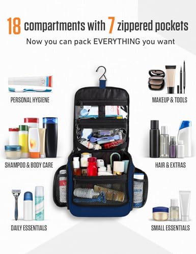 VENTURE 4TH Hanging Travel Toiletry Bag for Women & Men – Large Toiletry Organizer with 18 Compartments, Removable TSA Pouch, Travel Wash Bag for Toiletries, Makeup & Shaving Kit (Navy Blue) - color: Navy
