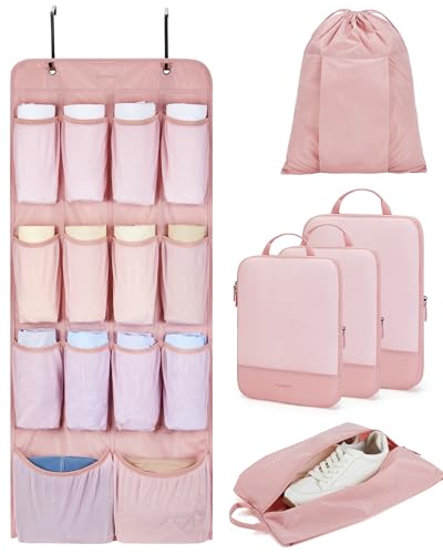 BAGSMART Hanging Compression Packing Cubes for Closet Organizers And Storage, 6 Set Suitcase Organizer Bags Set, Cruise Travel Essentials for Women | Hanging - color: Baby Pink