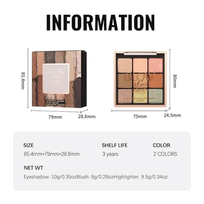 All-in-One Makeup Palette – 9 Color Matte & Pearlescent Eyeshadow, 4 Color Shimmer Highlighter, 2 Color Buildable Blush – Long Lasting, Blendable Face & Eye Makeup Kit (02#, 1 Count (Pack of 1)) - color: K02