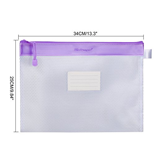 Wisdompro Zipper Pouch, 4 Packs Durable Letter Size Waterproof Mesh File Bag, Document Organizer - Purple/Yellow - color: Purple/Yellow