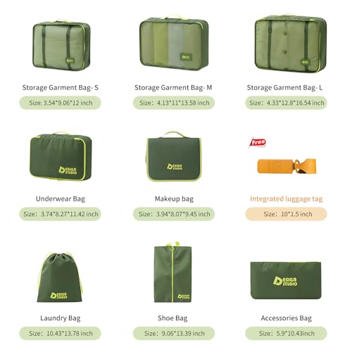 8-Piece Expandable Packing Cubes Set, Manual Zip Compression Travel Organizer with Hanging Toiletry Bag, Water Resistant Thick Fabric Clothing Storage Pouches for Carry-On & Checked Luggage (Green)