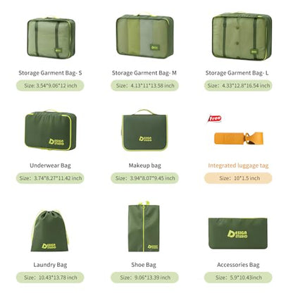 8-Piece Expandable Packing Cubes Set, Manual Zip Compression Travel Organizer with Hanging Toiletry Bag, Water Resistant Thick Fabric Clothing Storage Pouches for Carry-On & Checked Luggage (Green)