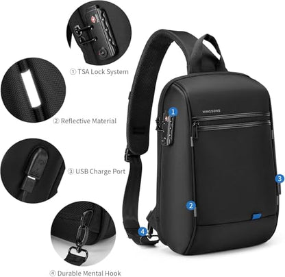 Kingsons Laptop Sling Backpack Anti Theft Bag,Hiking Daypack 13 Inch Waterproof Nylon Travel Bags for Men, Single Shoulder Camping Dayback with USB Charging Port for Traveling - color: Ks3165g