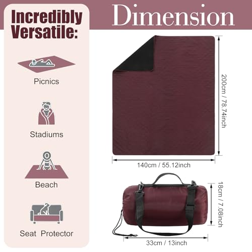 Tranqun 2 Pcs Large Waterproof Outdoor Blanket 78 x 55'' Windproof Blanket Quilted Waterproof Fleece Sandproof Foldable Warm Stadium Blankets for Camping Picnic Sporting Event Cold Weather(Dark Red) - color: Dark Red