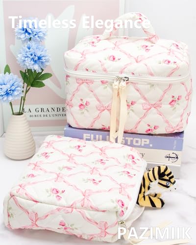 PAZIMIIK Quilted Makeup Bag Large Travel Zipper Soft Cosmetic Pouch for Women Girls Make Up,Bow Rose - color: Bow Rose, size: 1 PCS Pouch