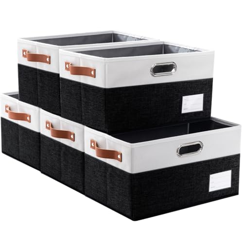 PRANDOM Larger Foldable Storage Bins with Handles [5-Pack] Fabric Collapsible Storage Boxes Baskets Cubes Containers with Handles for Closet Living Room Bedroom (Black & White 17.3x12.2x10.4'') - color: Black & Cream, size: Jumbo(5-Pack)