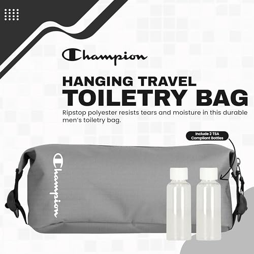 Champion - Hanging Toiletry Bag - Travel Sized Polyester Bag — Water-Resistant, Cosmetics Organizer Bag with Two Compliant Bottles - Lightweight Portable Zipped Bag for Unisex – Grey - 10"x3.9"x3.9" - style: Grey