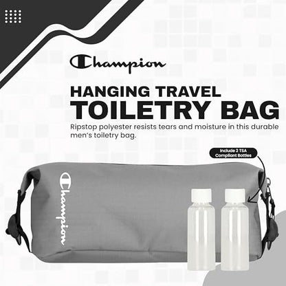 Champion - Hanging Toiletry Bag - Travel Sized Polyester Bag — Water-Resistant, Cosmetics Organizer Bag with Two Compliant Bottles - Lightweight Portable Zipped Bag for Unisex – Grey - 10"x3.9"x3.9" - style: Grey