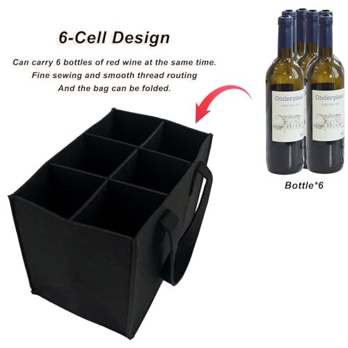 6 Bottle Wine Carrier with Divider Felt Wine Storage Tote Bag, Portable Reusable Wine Travel Bag with Handle for Christmas Travel Camping Picnic Party(black) - color: black
