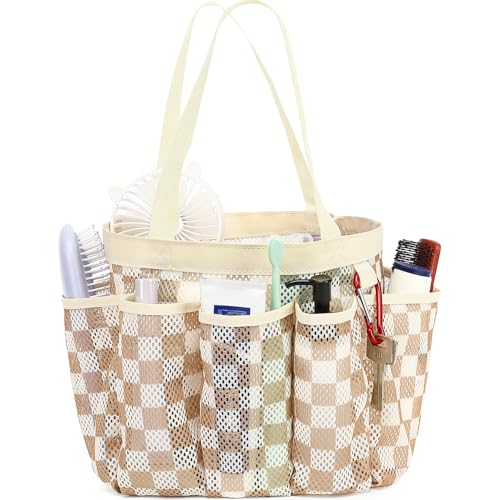 Fammart Mesh Shower Caddy Portable for College Dorm Room Essentials, Odorless Polyester Large Shower Tote Bag with Dual Handles, 8-Pocket Quick-Dry Toiletry Organizer for Travel, Beach, Camping, Gym - color: Multiple Pockets - Khaki Checkered