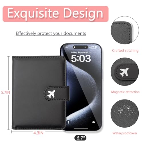 Passport Holder, Travel Wallet Cover with Pen Loop | Cute RFID Blocking Leather Case with Magnetic Closure for Travel Essentials-Black - color: S-Black