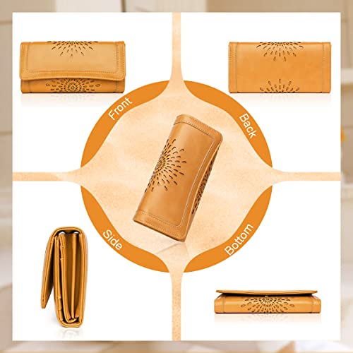 APHISON Womens Wallets RFID Blocking Leather Clutch Long Wallet for Women Card Holder Phone Organizer Ladies Travel Purse Hollow Out Sunflower Design Gift - color: DARK-YELLOW