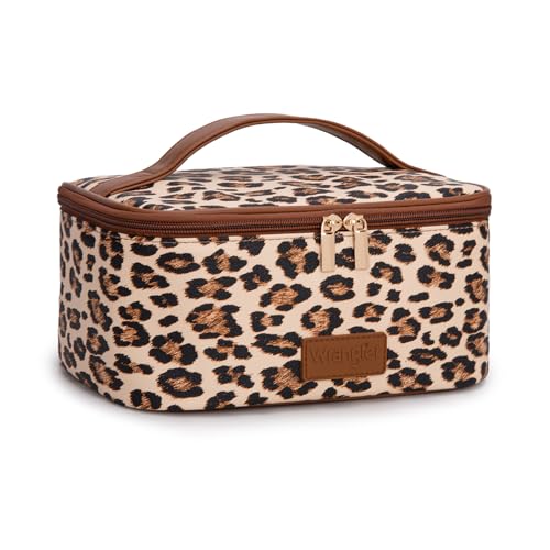Montana West X Wrangler Travel Makeup Bag 2pcs Set Large Cosmetic Bag with Makeup Brush Holder Portable Make Up Organizer Cute Toiletry Bag with Divider and Handle for Women Leopard - color: Leopard
