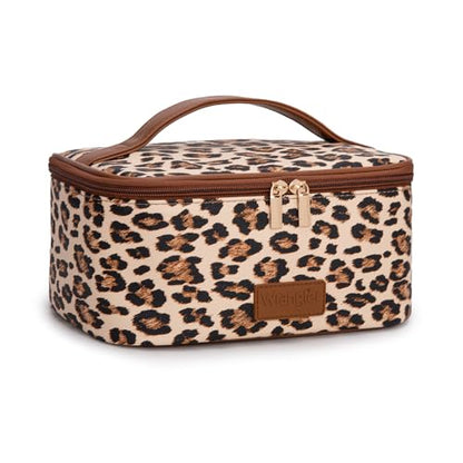 Montana West X Wrangler Travel Makeup Bag 2pcs Set Large Cosmetic Bag with Makeup Brush Holder Portable Make Up Organizer Cute Toiletry Bag with Divider and Handle for Women Leopard - color: Leopard