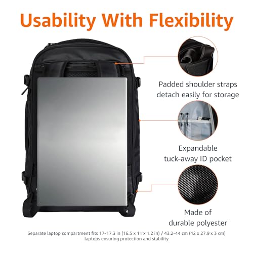 Amazon Basics Travel Backpack,Carry-On with Laptop Compartment, 1.55 cu. ft. Capacity,Expandable for 10% Extra Space,Convertible Backpack & Shoulder Bag,Multiple Pockets,13.8"W x 21.5"H x 9.5"D, Black - color: Black