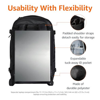Amazon Basics Travel Backpack,Carry-On with Laptop Compartment, 1.55 cu. ft. Capacity,Expandable for 10% Extra Space,Convertible Backpack & Shoulder Bag,Multiple Pockets,13.8"W x 21.5"H x 9.5"D, Black - color: Black