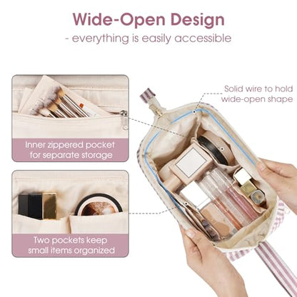 Narwey Striped Makeup Bag Women Wide-open Make up Bag Travel Cosmetic Bag Organizer Toiletry Bag for Cosmetics Toiletries Accessories (Dusty Rose Stripe) - color: ZY-Dusty Rose Stripe