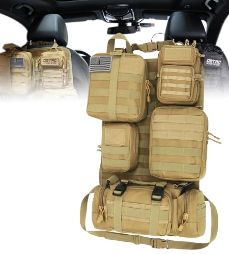 DBTAC Tactical Molle Car Seat Organizer | Vehicle Back Panel with 5X Detachable Pouches, US Flag & Writable Reflective Patch for Cars, Trucks, SUVs, Sedans - color: Brown