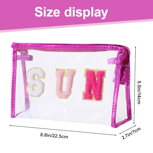 Clear Preppy Patch Cosmetic Bag, Sun Chenille Letter Bag for Beach, Clear Travel Pouch with Zipper, Small Toiletry Bag for Women Girls Teens Gift (Rose Red) - color: Rose Red